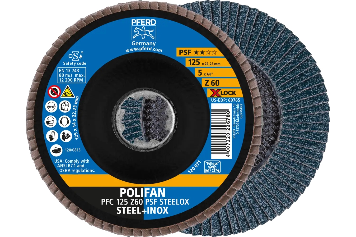 Picture of Pferd Flap Disc, 5", X-Lock, Z PSF Extra Steelox, 60 Grit, T29, Conical, Zirconia